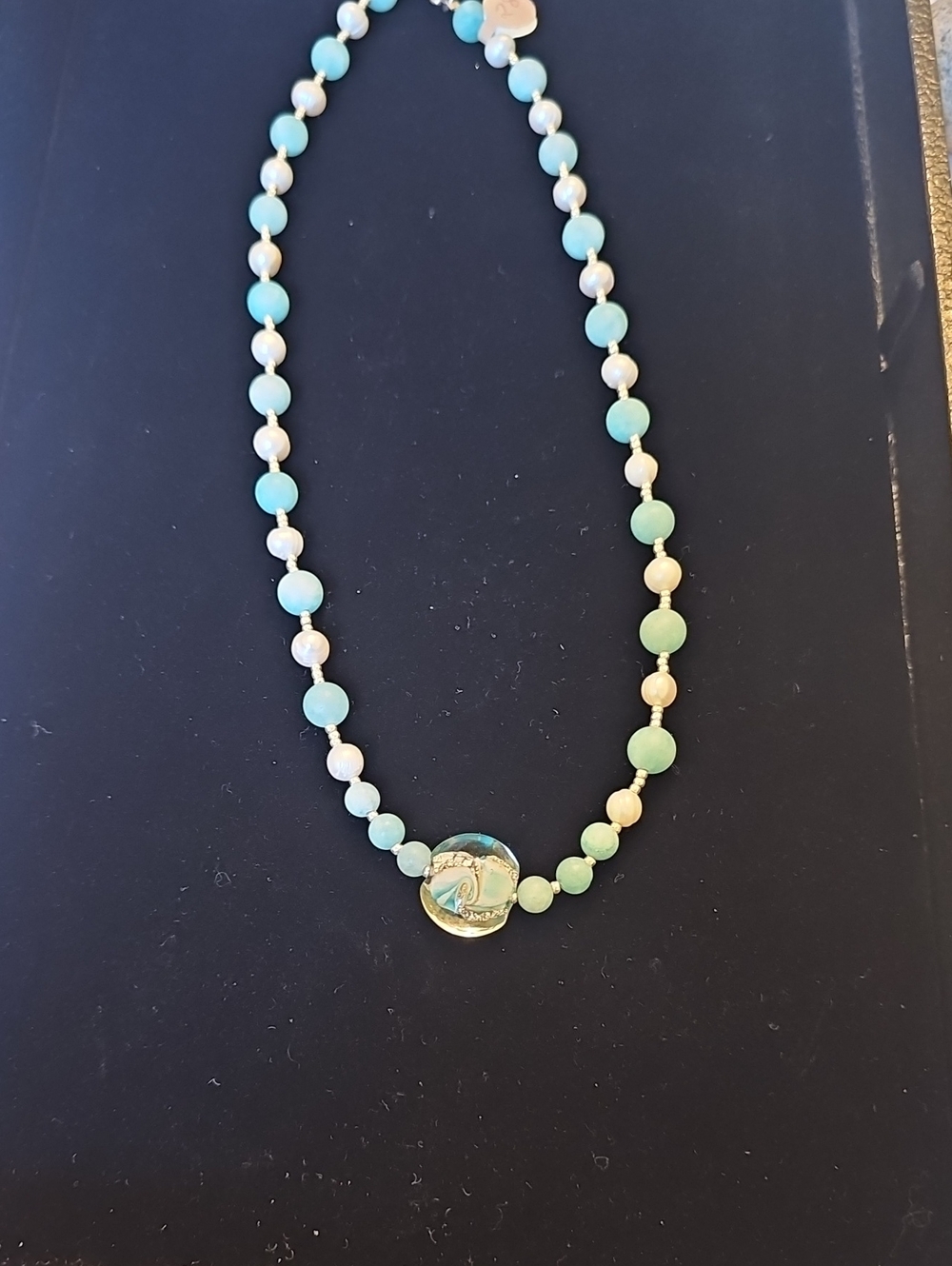 Handmade Ocean Wave Lampwork Bead Necklace with Freshwater Pearls & Amazonite